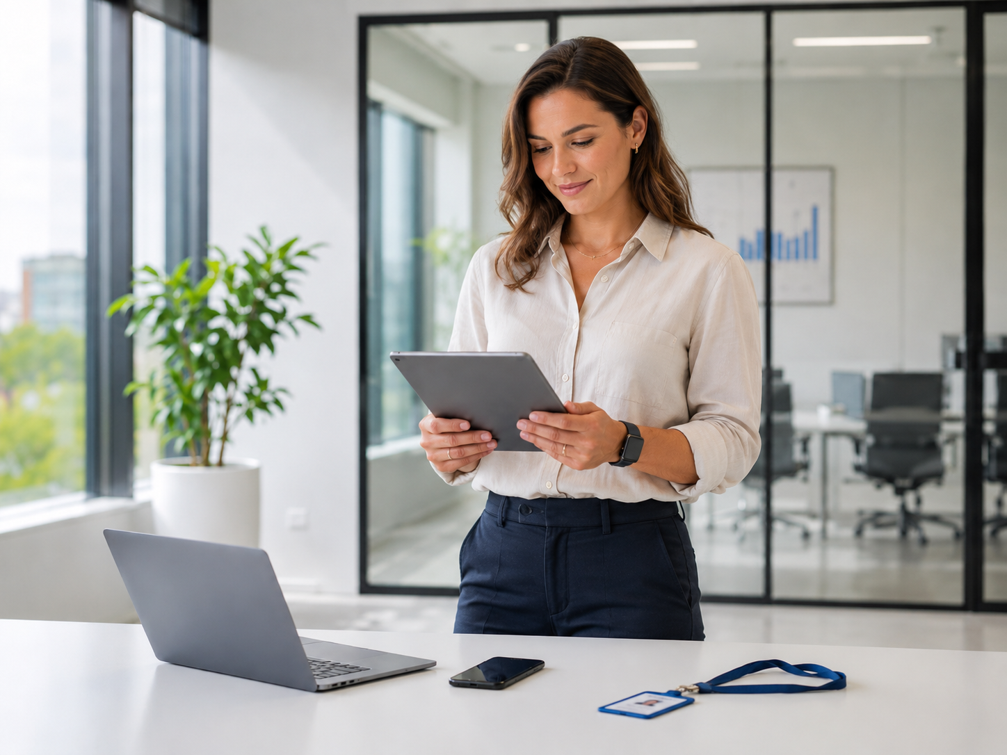 Professional manager using HR Command on a tablet for digital asset management and equipment tracking.