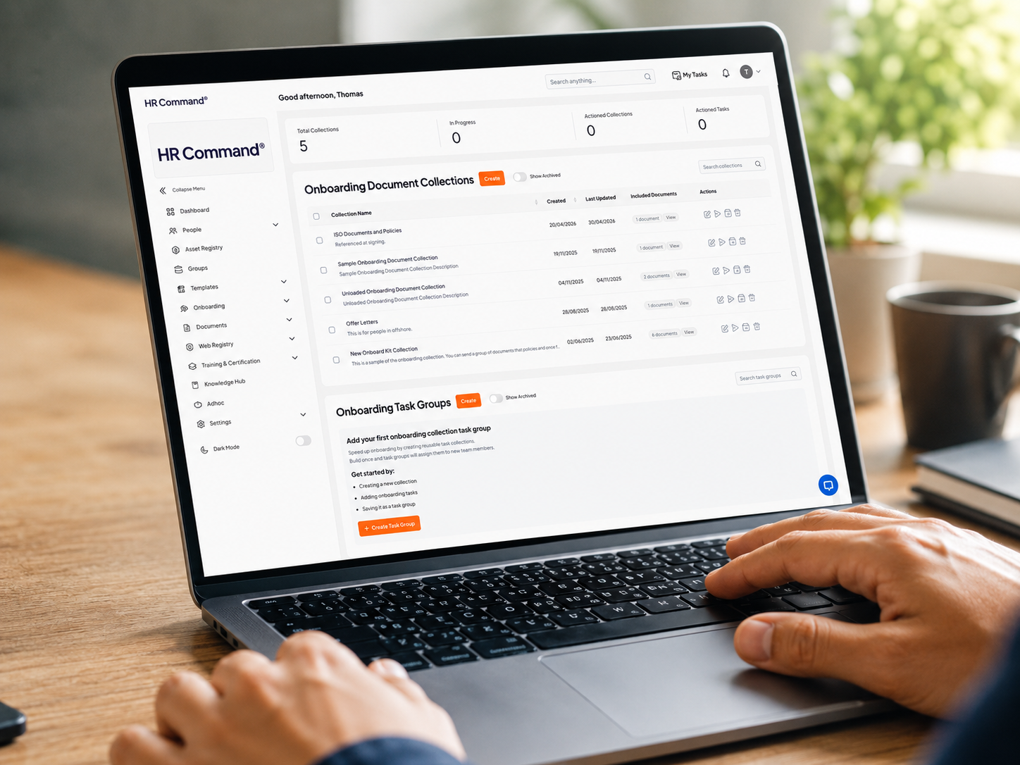 The HR Command dashboard showing digital task groups and document collections for automated employee onboarding.