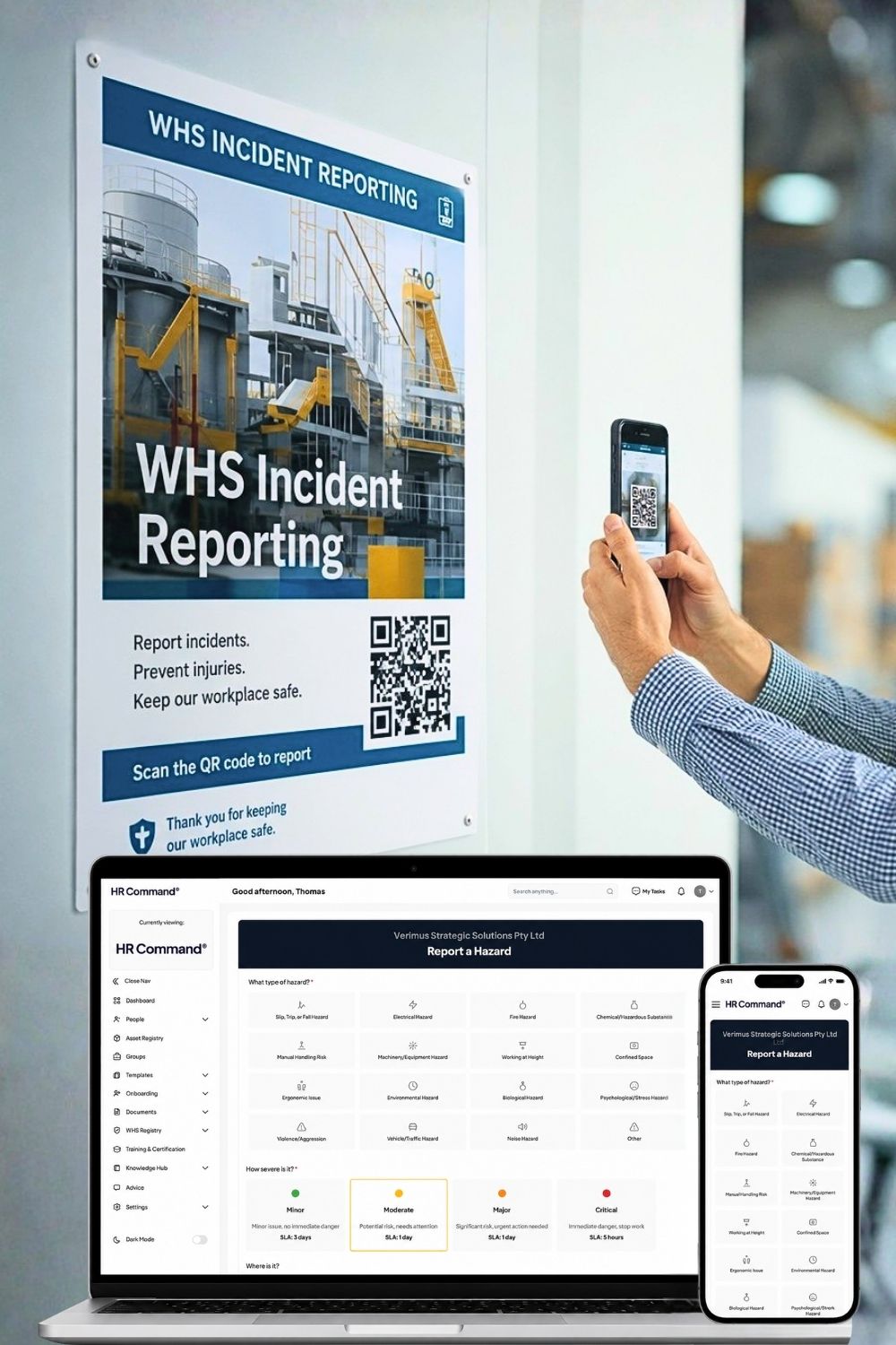 A worker scanning a QR code on a site poster to instantly launch the HR Command hazard reporting form on their smartphone, demonstrating paperless WHS Management and real-time incident logging.