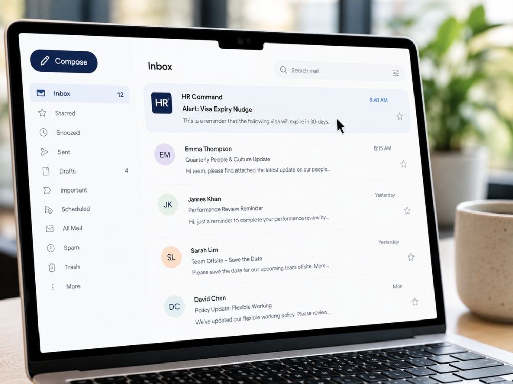 HR Command automated email alert for a visa expiry, demonstrating efficient notification and reminder automation.