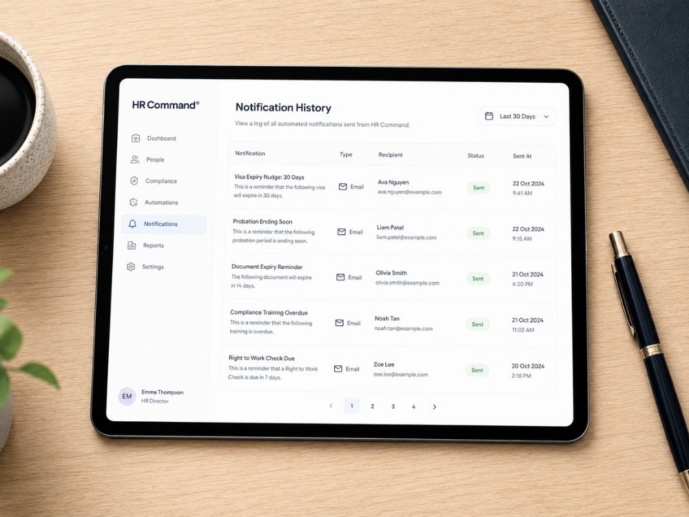 HR Command notification history log on a tablet, showcasing reliable notification and reminder automation for critical compliance tasks.