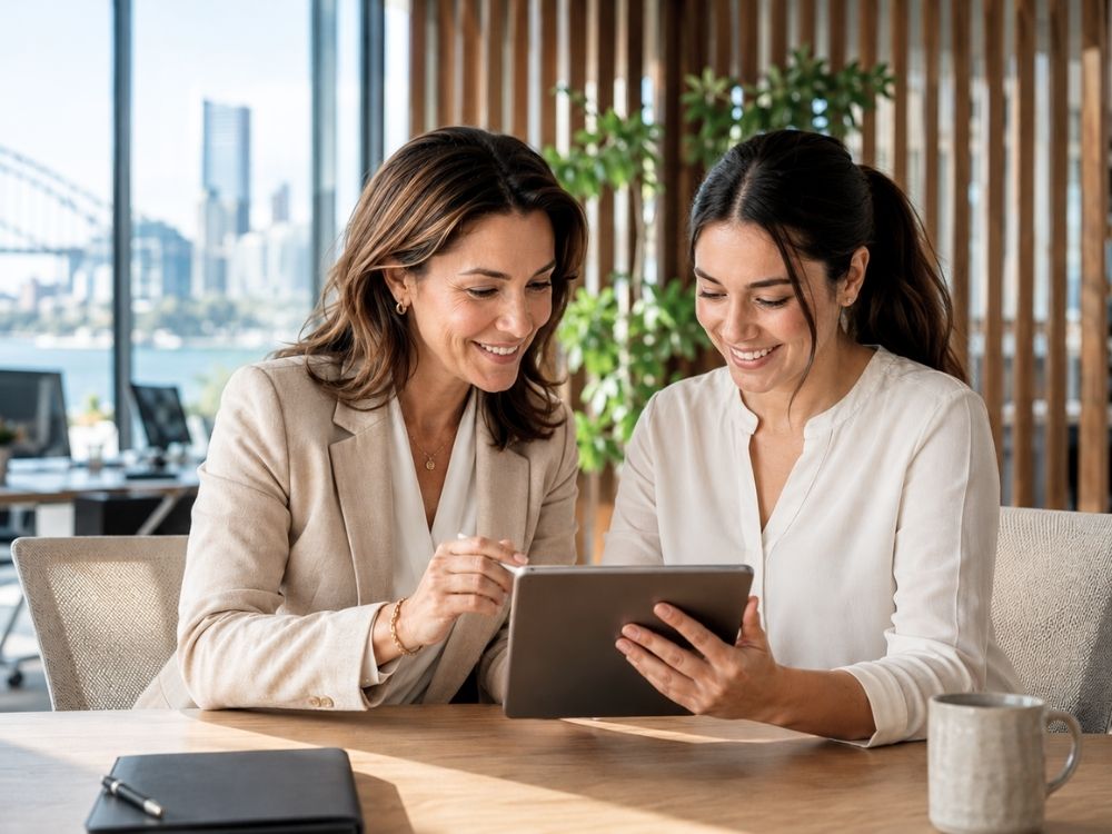 HR professionals in Sydney using HR Command to review and manage digital Position Descriptions on a tablet.