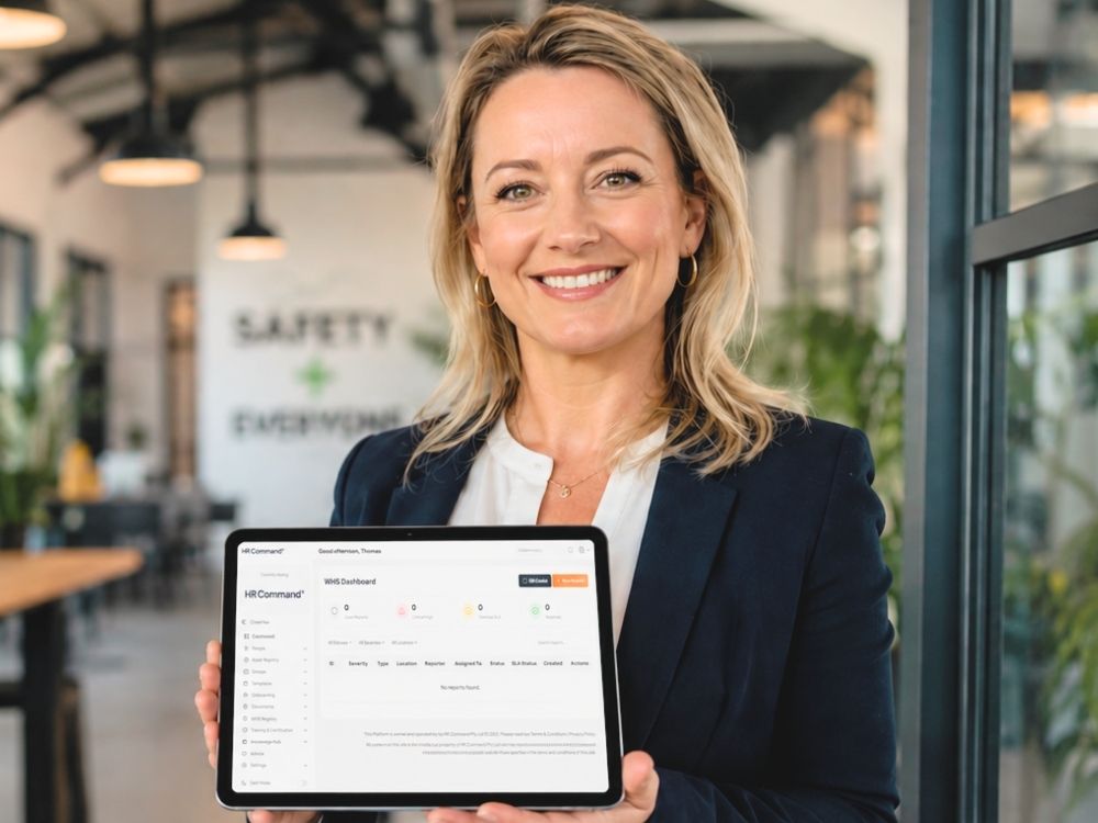 an experienced HR showcasing how to use the WHS reporting system on a tablet.