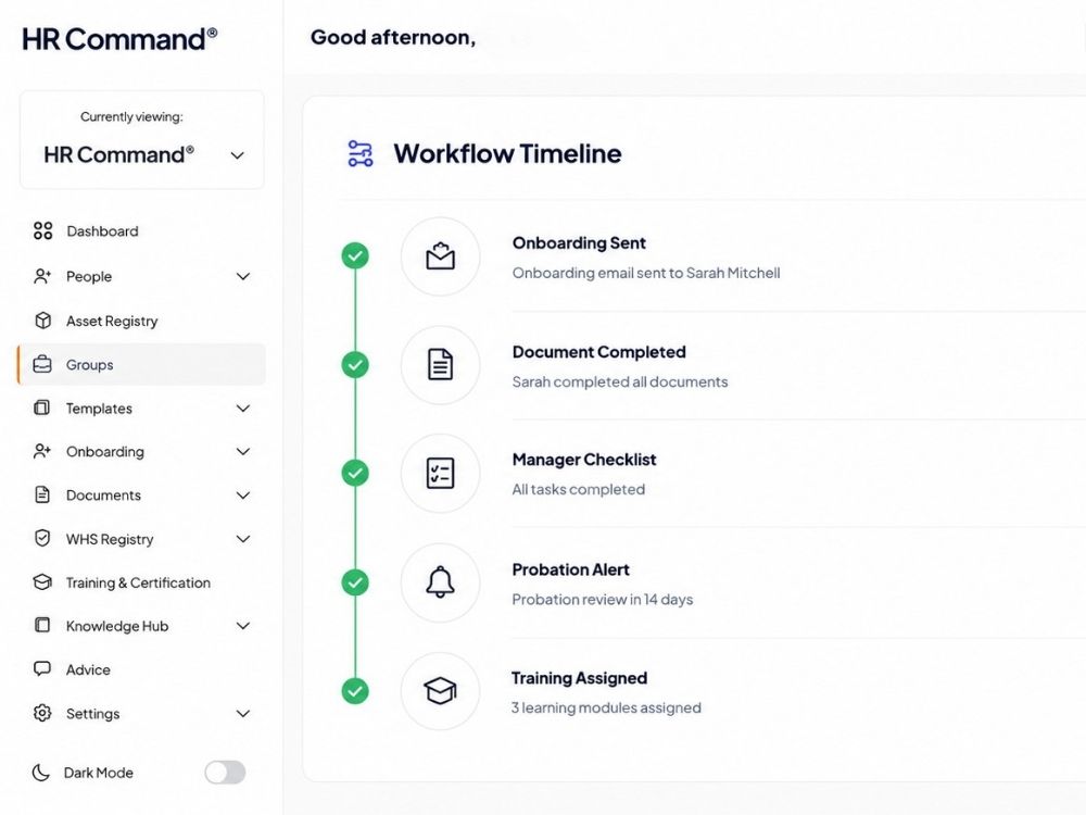 The HR Command platform interface showing a visual timeline of workflow automation, covering onboarding, task management, and probation alerts.