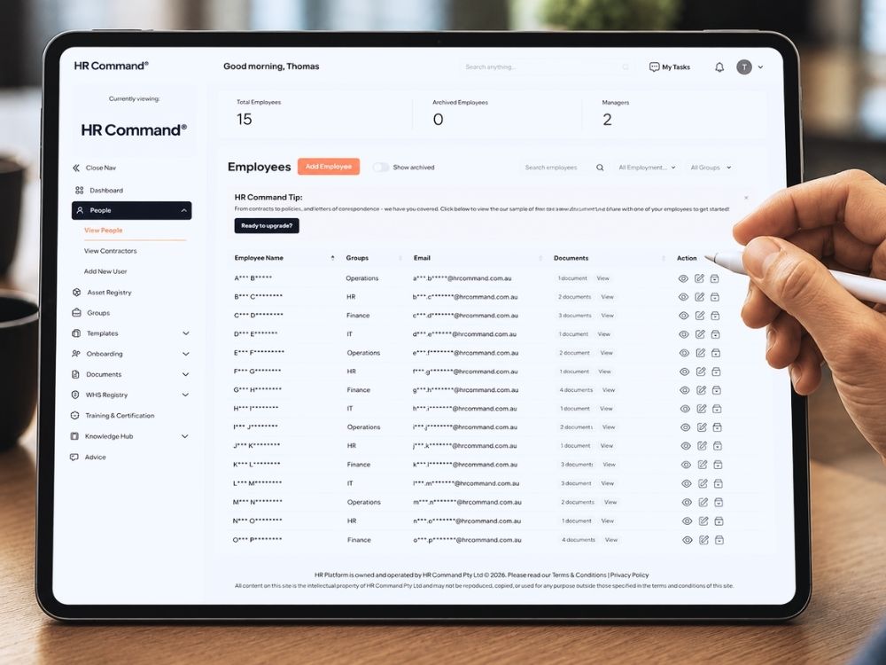 A hand using a stylus to navigate the HR Command employee dashboard on a tablet, showcasing how HR document automation centralizes employee contracts, correspondence, and personnel records in one secure location.