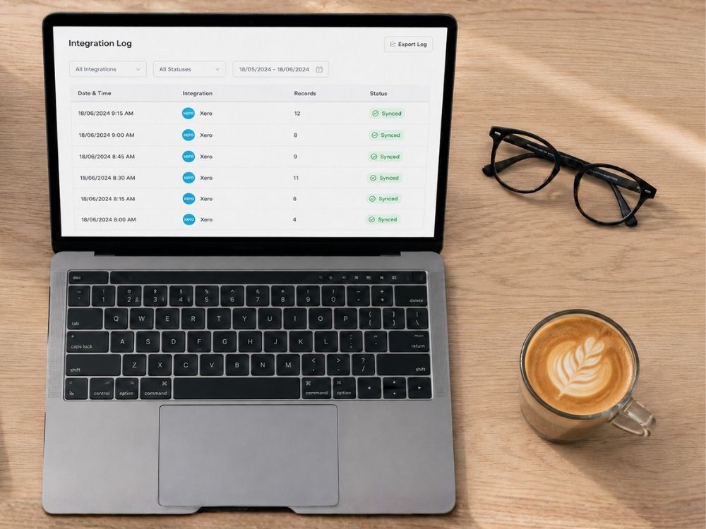 HR Command integration log on a laptop screen, verifying successful Xero integration for automated payroll system integration and total HR compliance.