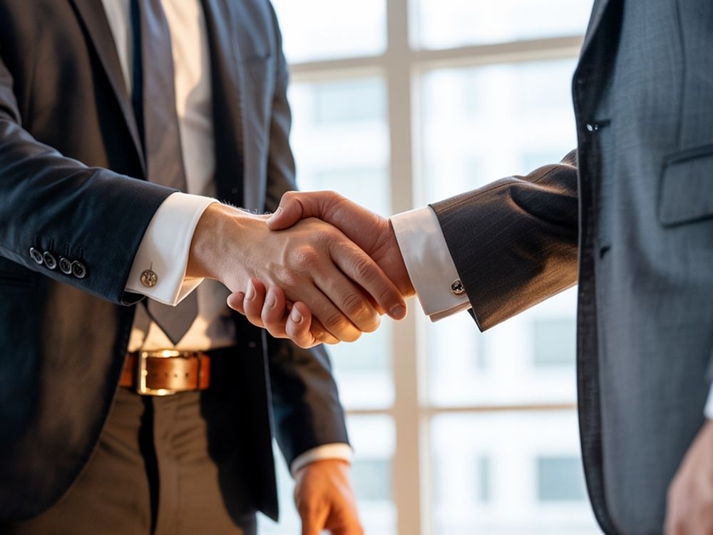 Two business professionals shaking hands in an office to finalize an employment contract created via HR document automation.