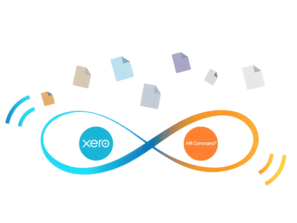 HR Command and Xero integration graphic showing a continuous data loop for automated payroll system integration and HR compliance.