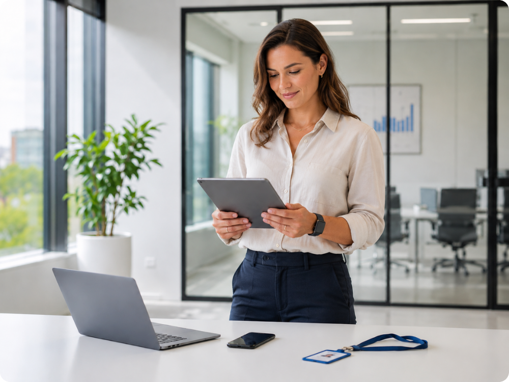 Professional manager using HR Command on a tablet for digital asset management and equipment tracking.