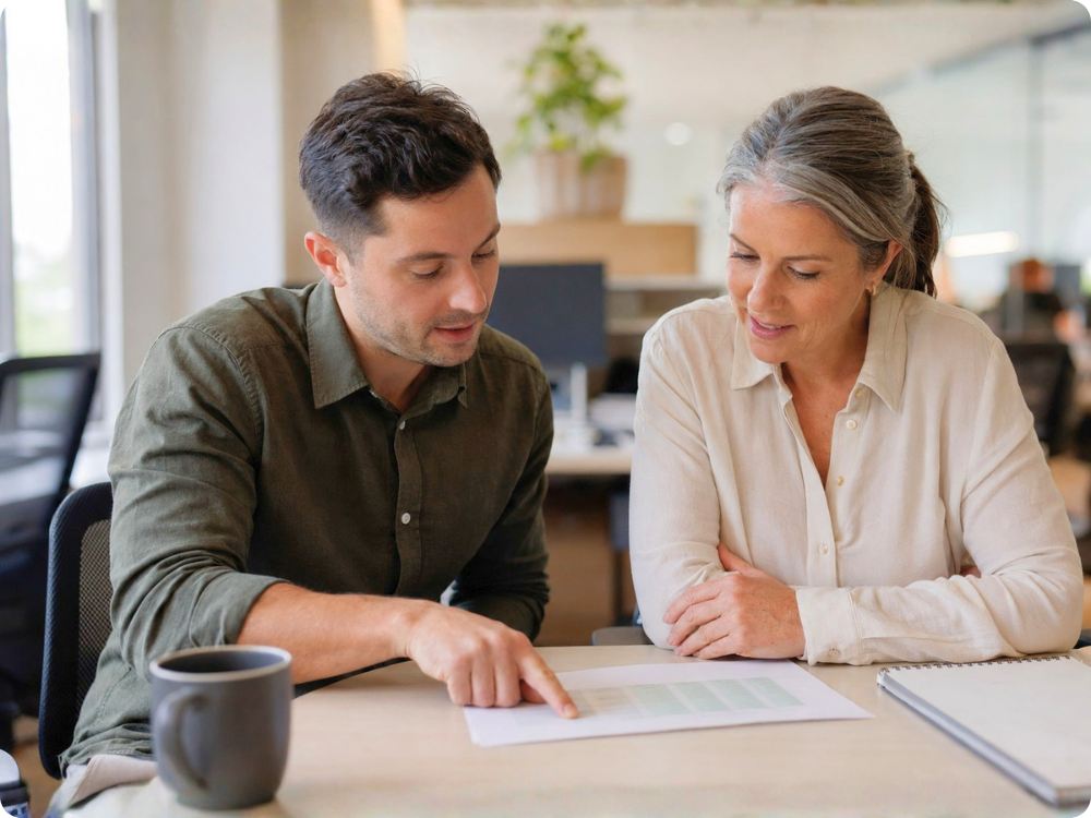 HR advisor and small business owner reviewing a Fair Work compliant employment contract template together at a desk