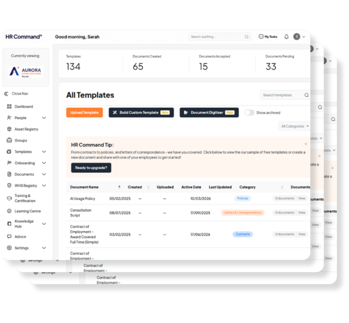 HR Command dashboard showing the custom HR template builder with employment contract templates, policies and document tracking