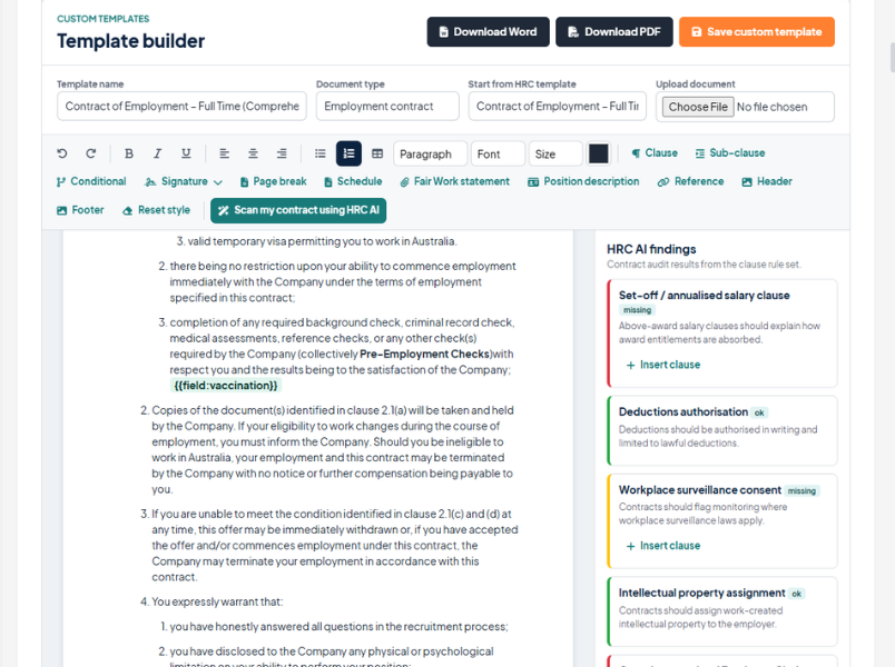 HR Command AI scan auditing an employment contract for compliance gaps — showing missing clauses and ok findings in the HRC AI findings panel