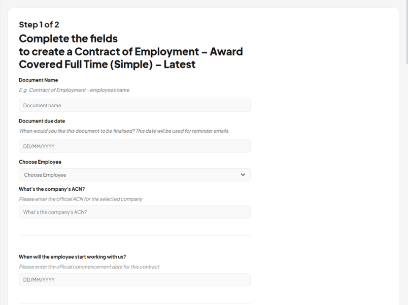 HR Command guided form automating an Award Covered Full Time employment contract — Step 1 of 2, fill fields to generate