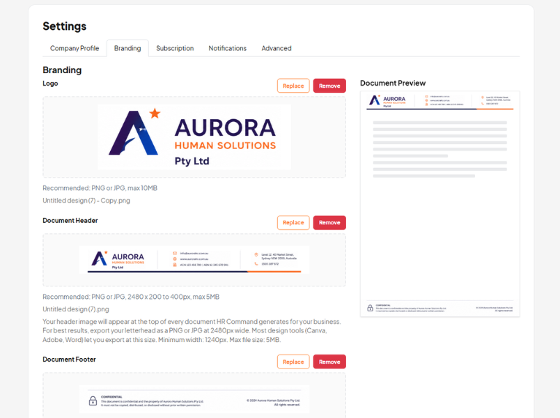 HR Command branding settings showing auto header and footer applied to employment contract templates with company logo and letterhead