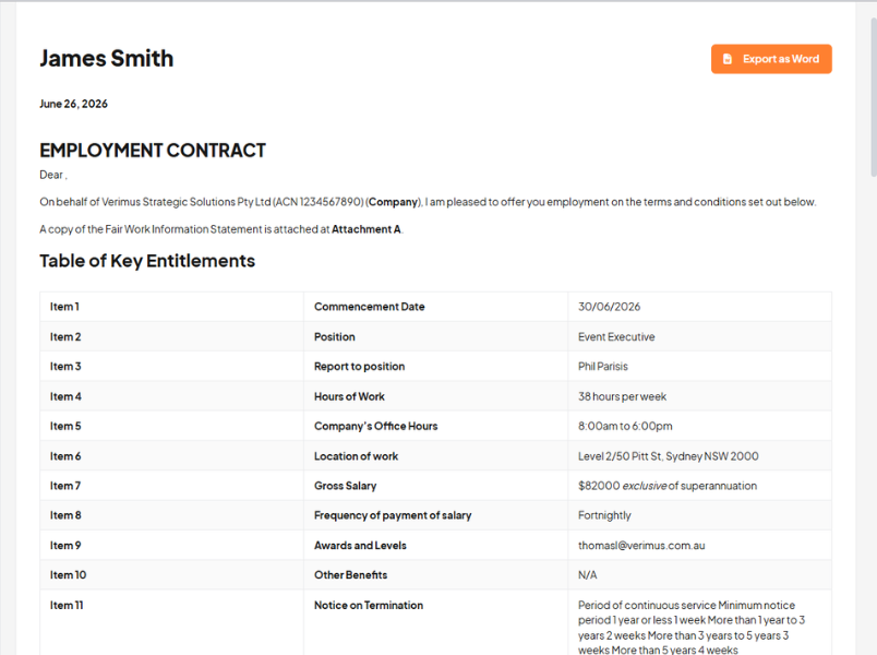 HR Command auto-calculated employment contract output showing key entitlements table with salary, hours, notice period and Fair Work details
