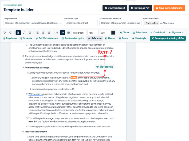 HR Command template builder cross referencing employment contract clauses — Item 7 remuneration linked dynamically to Key Entitlements table