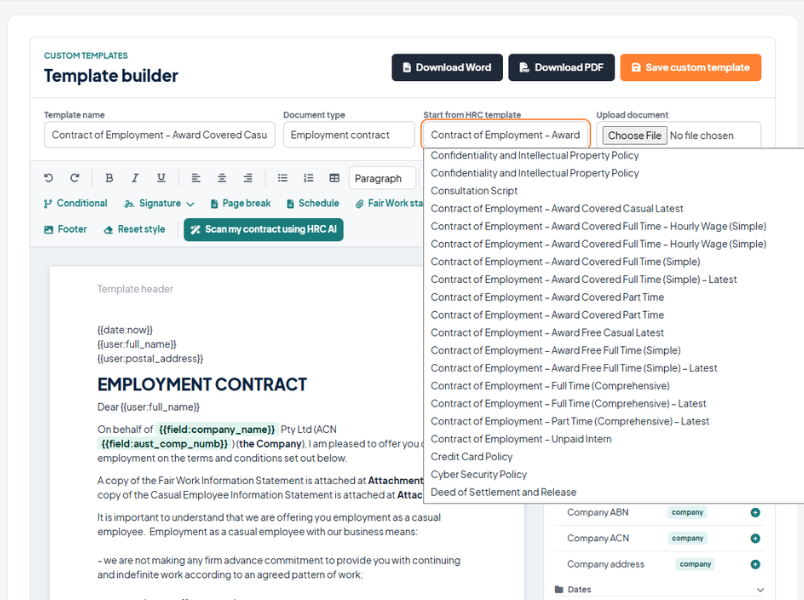 HR Command template builder auto drafting an employment contract with merge fields, Fair Work stamp and a full contract template library