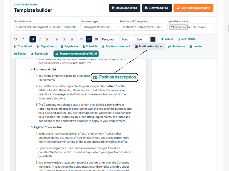 HR Command template builder showing position description drop-in clause being inserted into a Fair Work compliant employment contract template