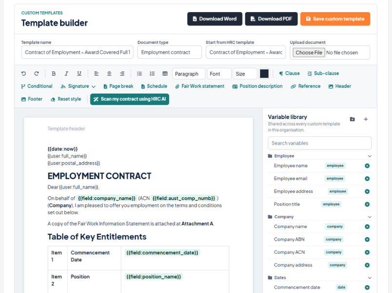 HR Command template builder logic editor showing variable library and merge fields inside a Fair Work compliant employment contract template