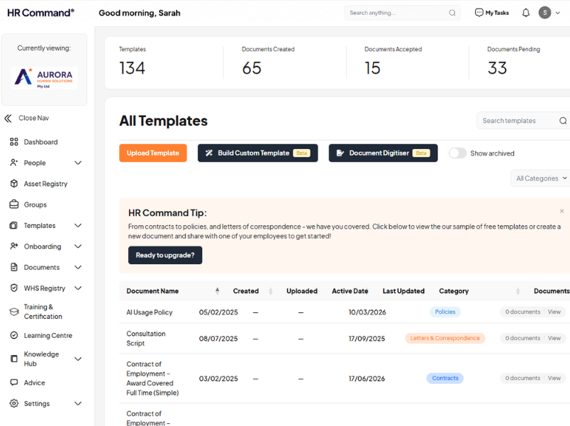 HR Command template management dashboard showing 134 HR templates including employment contracts, policies and letters organised by category