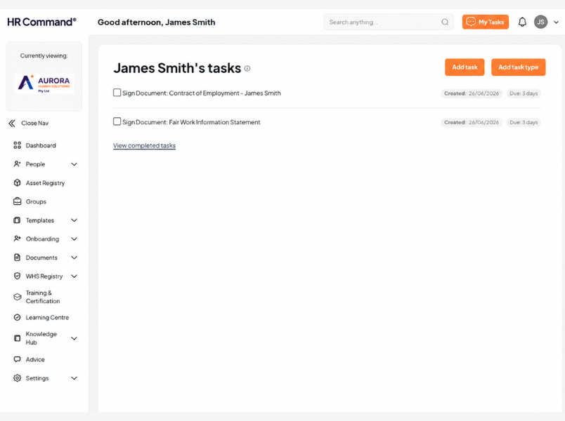 HR Command employee task dashboard showing eSignature requests for employment contract and Fair Work Information Statement with due dates