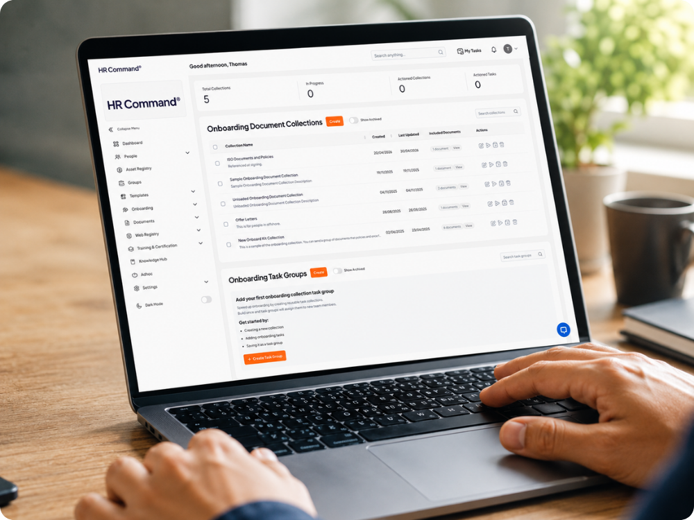The HR Command dashboard showing digital task groups and document collections for automated employee onboarding.