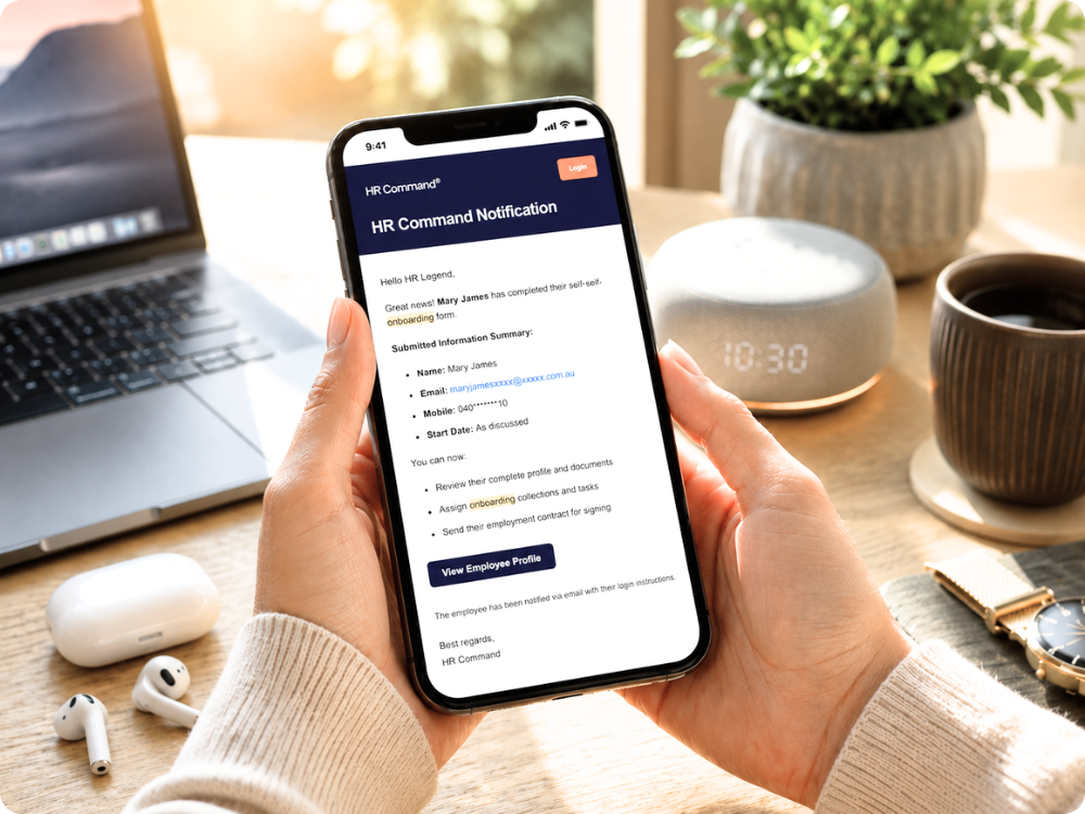 HR sent HR Command mobile platform to a new employee on mobile for easy onboarding
