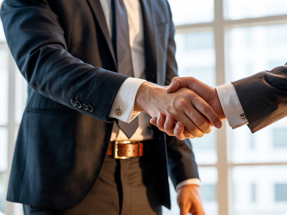 Two business professionals shaking hands in an office to finalize an employment contract created via HR document automation.