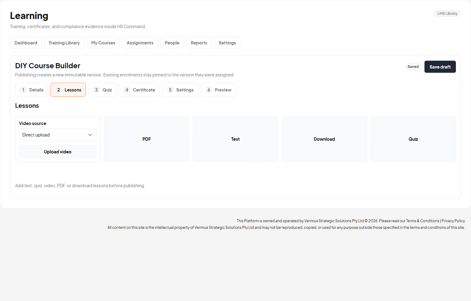 HR Command HR LMS DIY course builder showing the six-step flow for adding video, PDF, text, download and quiz lessons