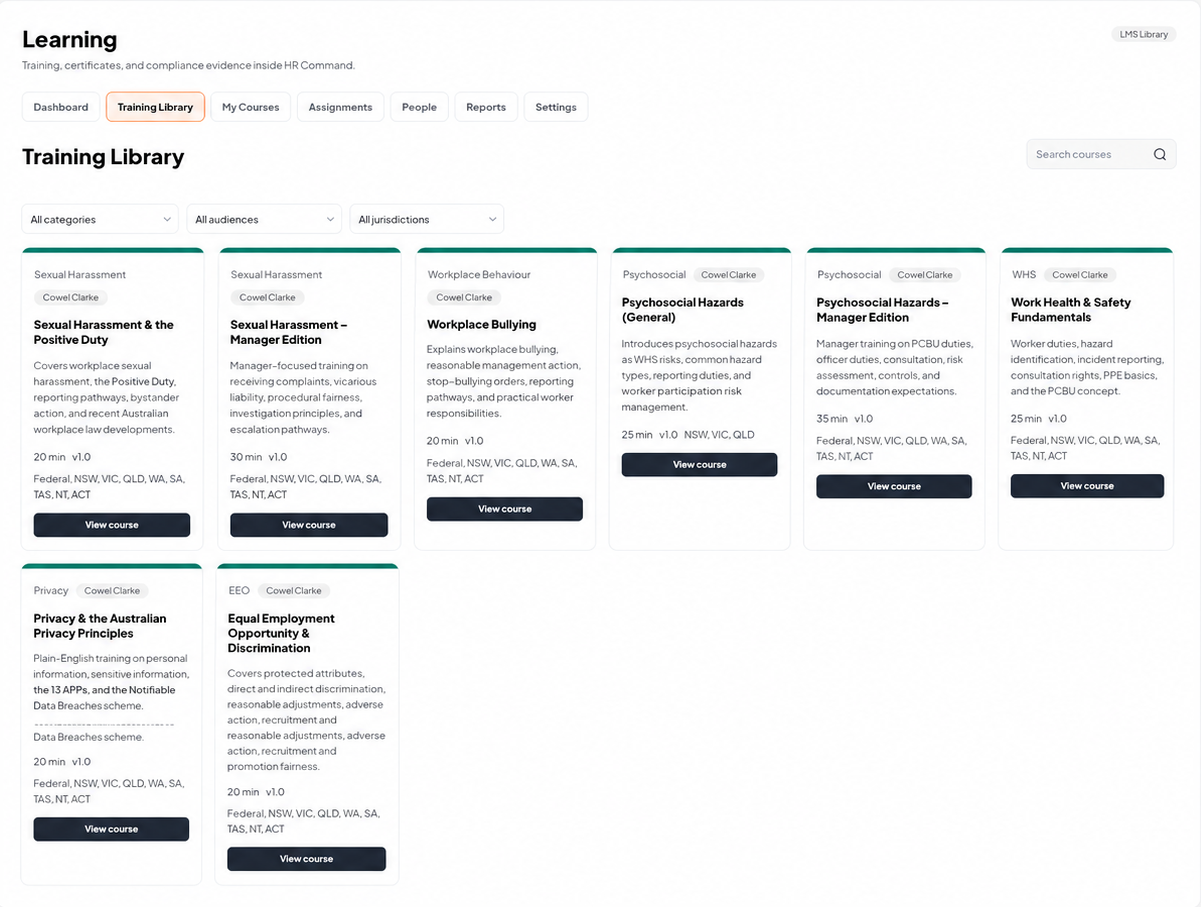 HR Command training library showing lawyer-written employee compliance training courses on harassment, bullying, psychosocial hazards and WHS