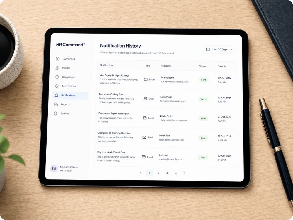HR Command notification history log on a tablet, showcasing reliable notification and reminder automation for critical compliance tasks.