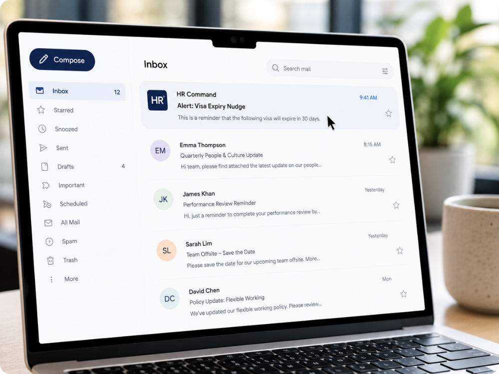 HR Command automated email alert for a visa expiry, demonstrating efficient notification and reminder automation.
