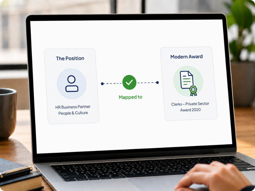 HR Command interface on a laptop mapping a job role to a Modern Award for compliant and accurate Position Descriptions.