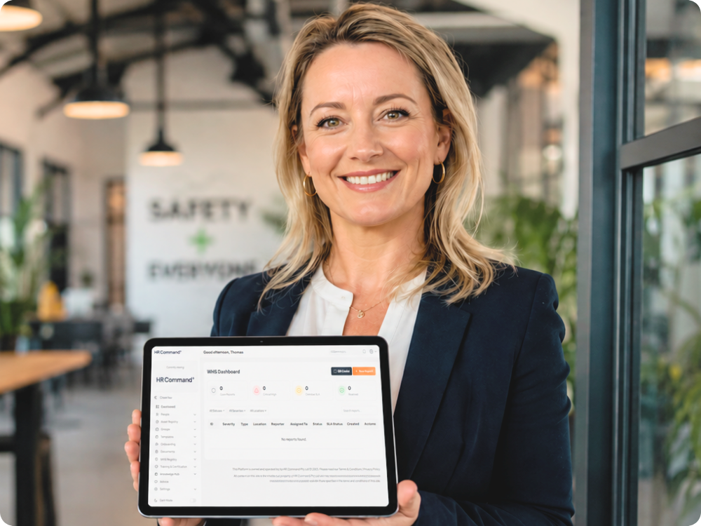 an experienced HR showcasing how to use the WHS reporting system on a tablet.