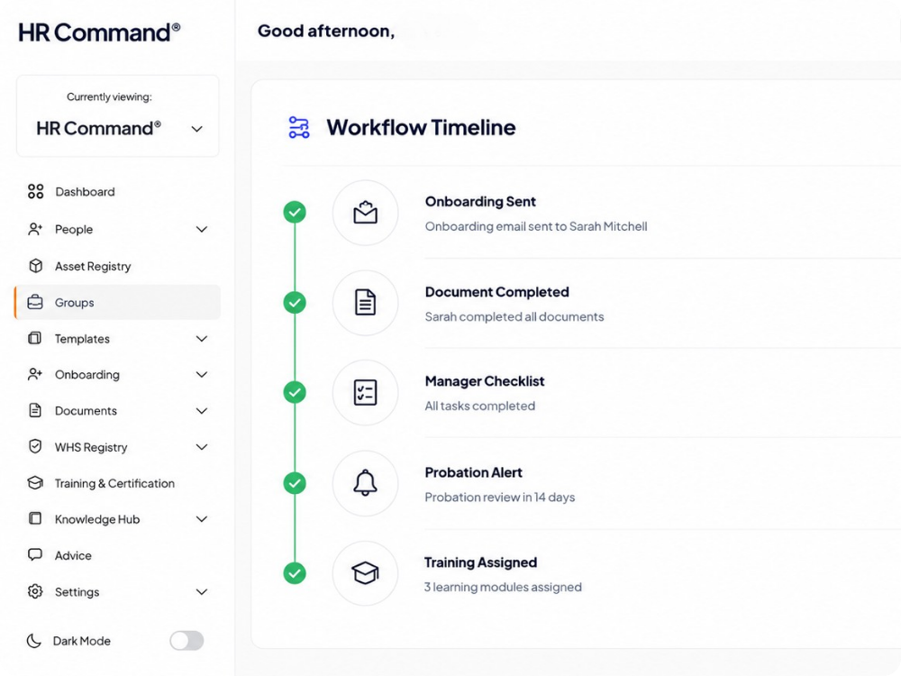The HR Command platform interface showing a visual timeline of workflow automation, covering onboarding, task management, and probation alerts.