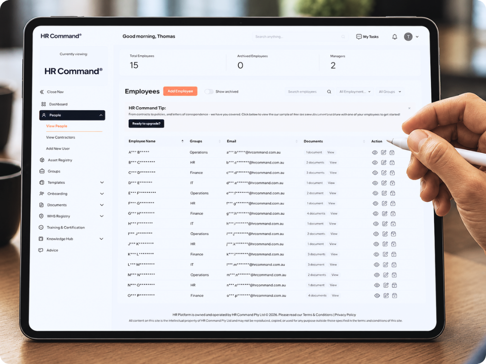A hand using a stylus to navigate the HR Command employee dashboard on a tablet, showcasing how HR document automation centralizes employee contracts, correspondence, and personnel records in one secure location.