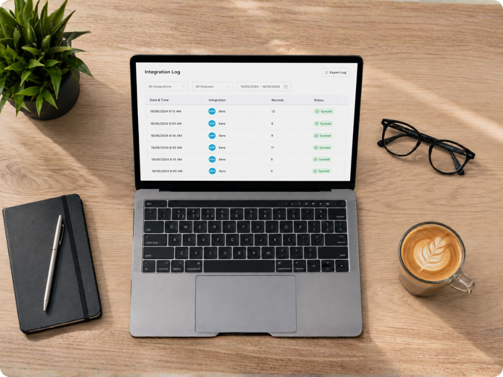HR Command integration log on a laptop screen, verifying successful Xero integration for automated payroll system integration and total HR compliance.