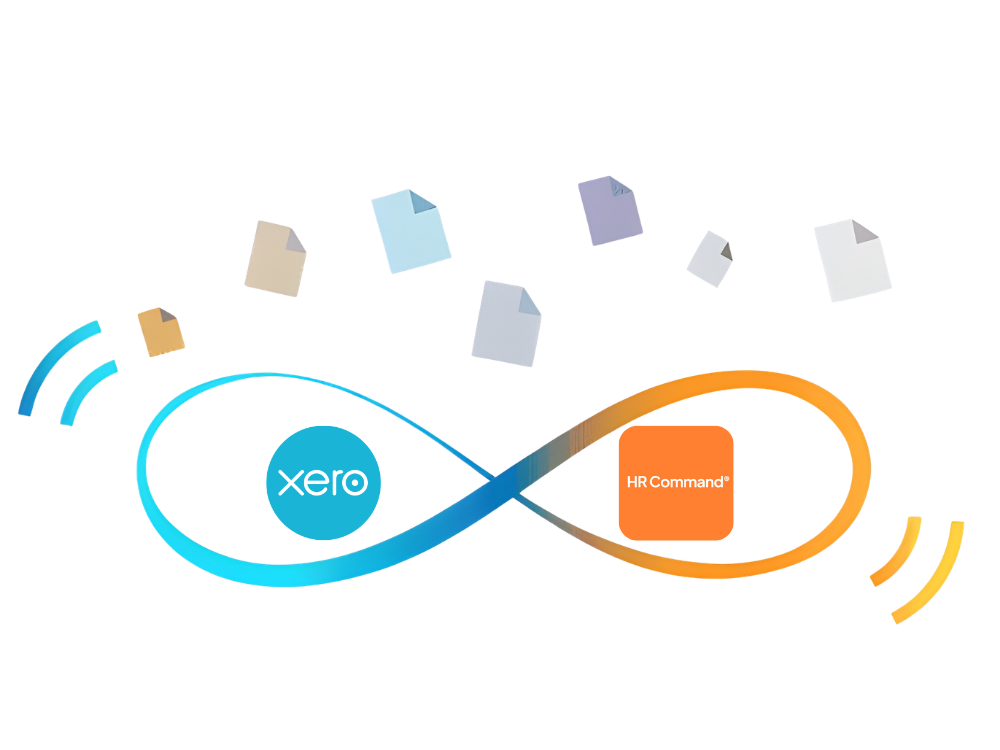 HR Command and Xero integration graphic showing a continuous data loop for automated payroll system integration and HR compliance.