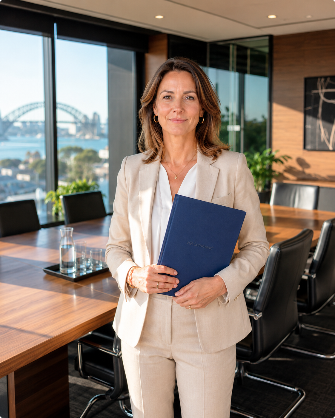 HR leader holding an HR Command folder in a Sydney boardroom with the Harbour Bridge behind her, representing Australian HR compliance leadership