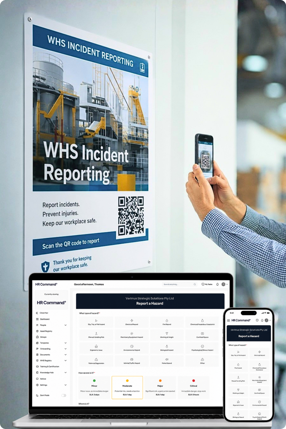 A worker scanning a QR code on a site poster to instantly launch the HR Command hazard reporting form on their smartphone, demonstrating paperless WHS Management and real-time incident logging.