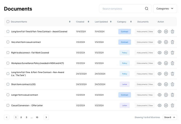 HR Command HR compliance platform showing a document library of Fair Work-covered employment contracts, policies and letters with categories and dates