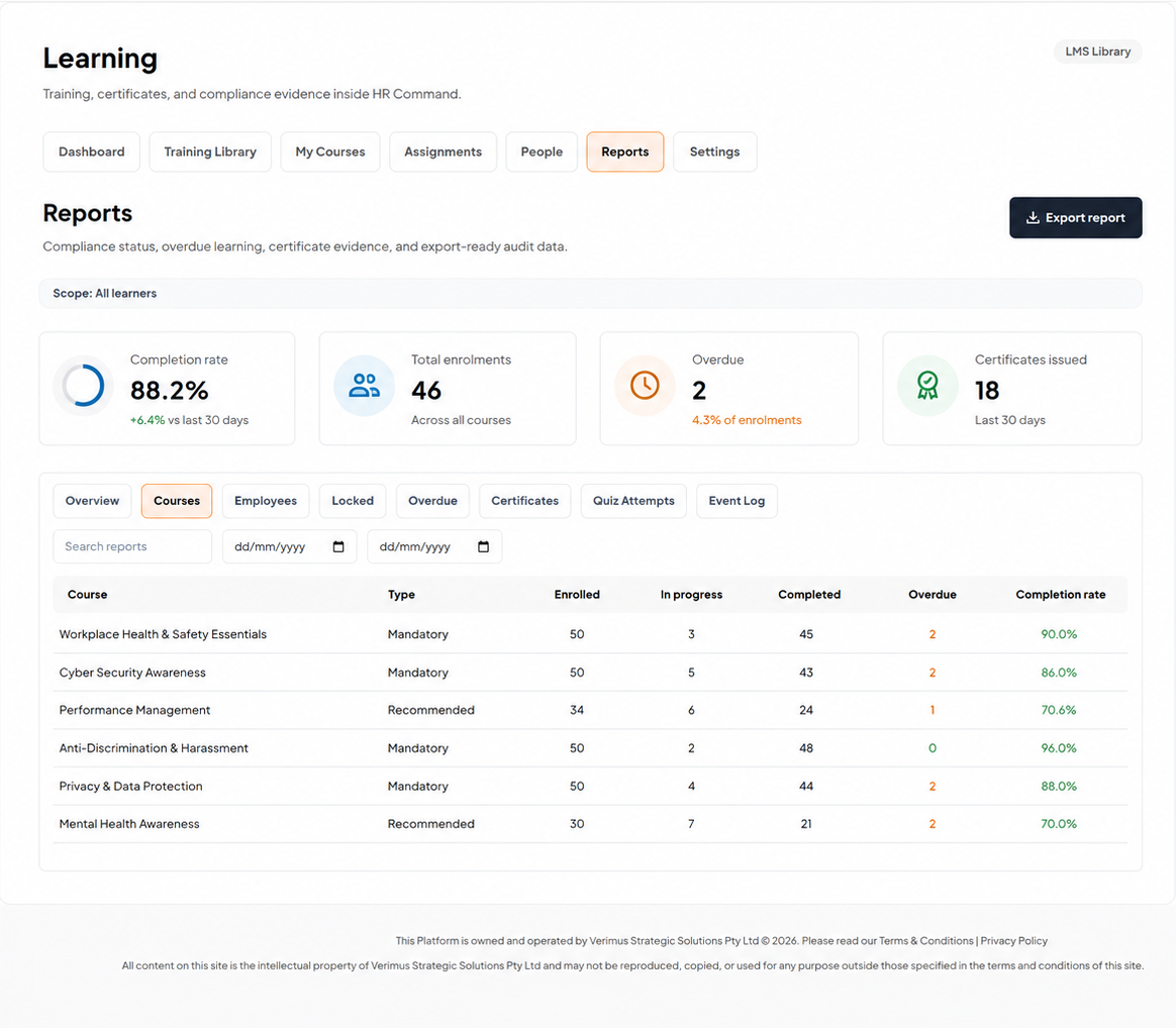 HR Command compliance training reports showing course completion rates, overdue learners and export-ready audit trail data by course