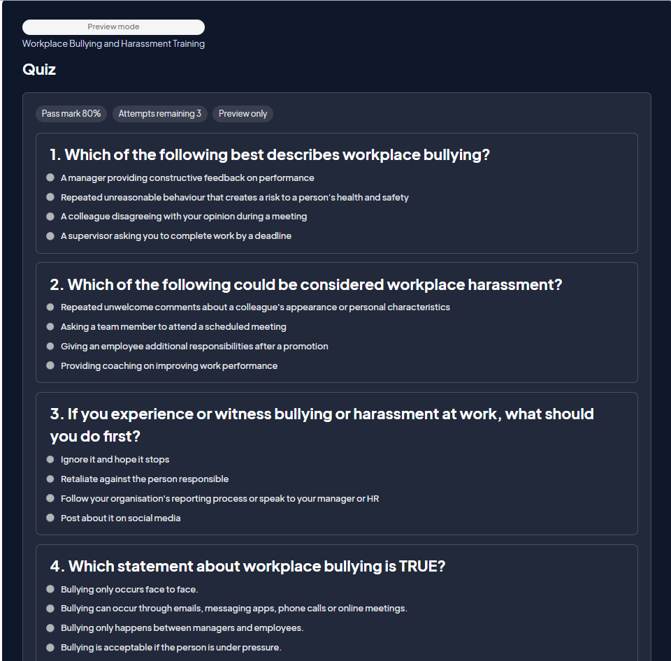 HR Command learning management system for HR showing a workplace bullying and harassment quiz with pass mark and attempt limits