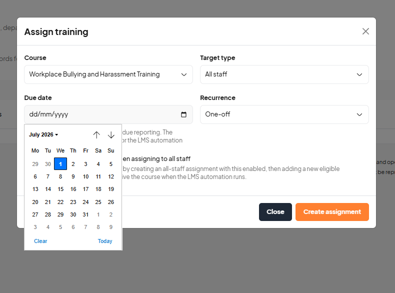 HR Command compliance training software showing automated due dates and recurring reminders when assigning a course to staff
