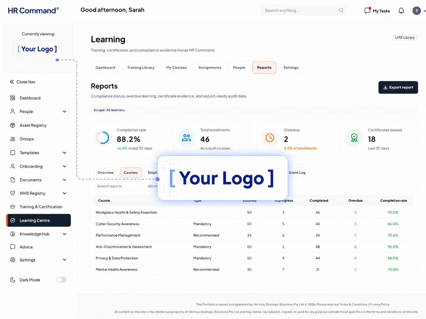 HR Command HR compliance training LMS showing white-label branding, with a placeholder highlighting where a company logo appears in the portal
