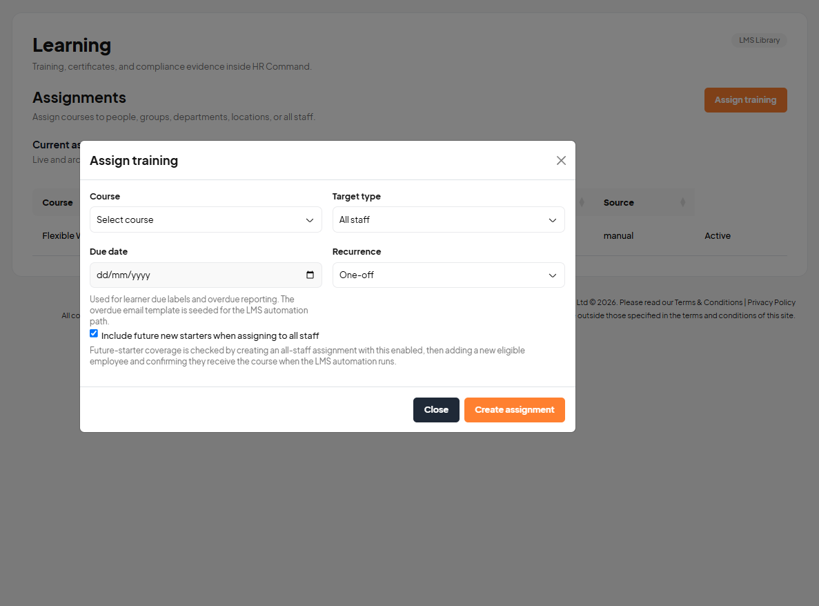 HR Command HR compliance training system showing the assign-training dialog with course, audience, due date and recurring automation options
