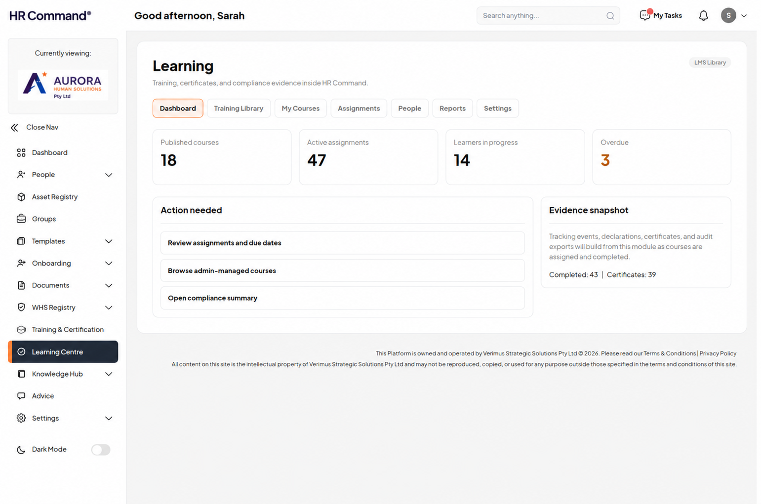 HR Command LMS learning dashboard showing published courses, active assignments, learners in progress and an evidence snapshot for managers