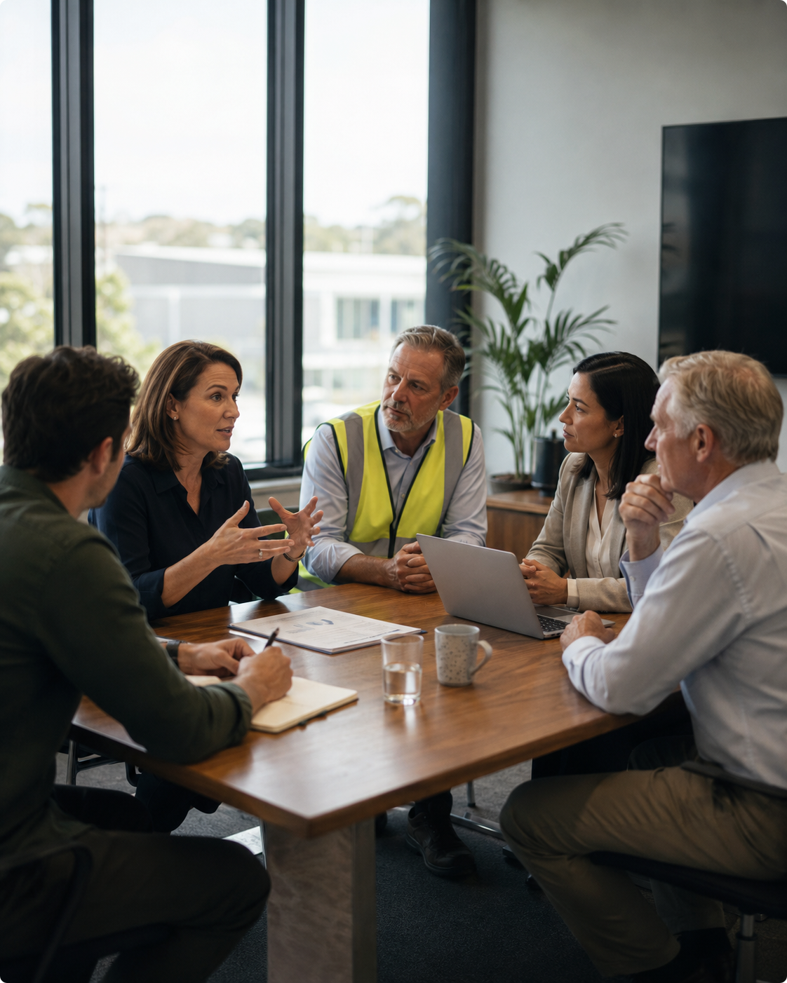 HR, safety and risk leaders in a boardroom discussion with a safety manager in hi-vis, representing psychosocial hazard compliance for Australian leadership teams