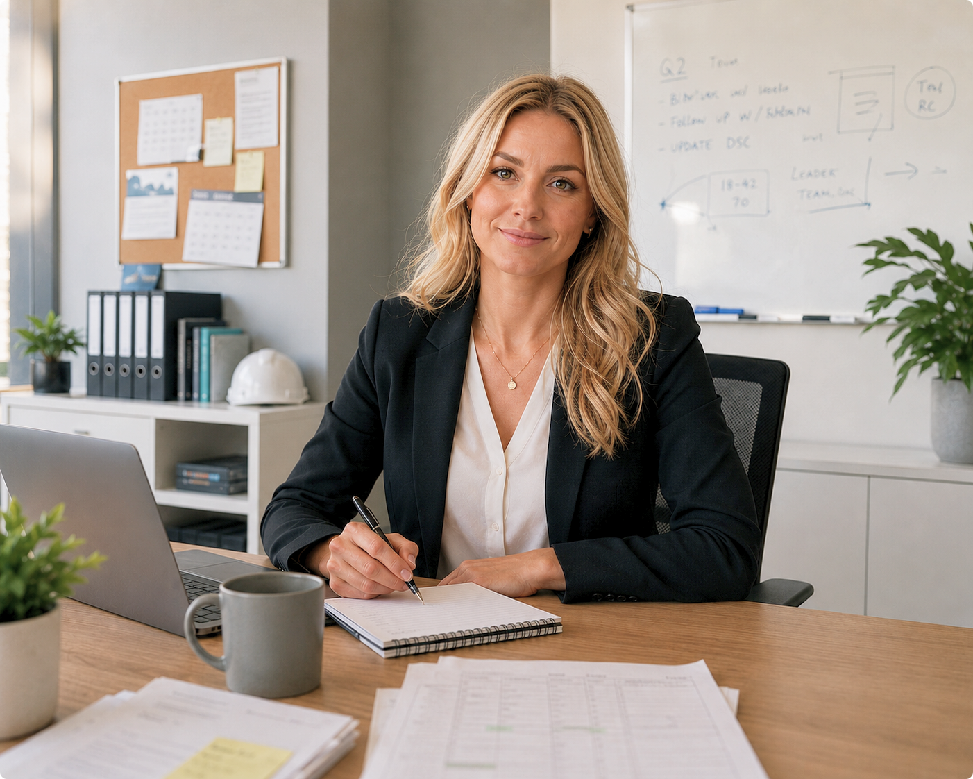 HR and safety leader at her desk with planning notes and a whiteboard behind her, representing psychosocial hazard management software for Australian workplaces