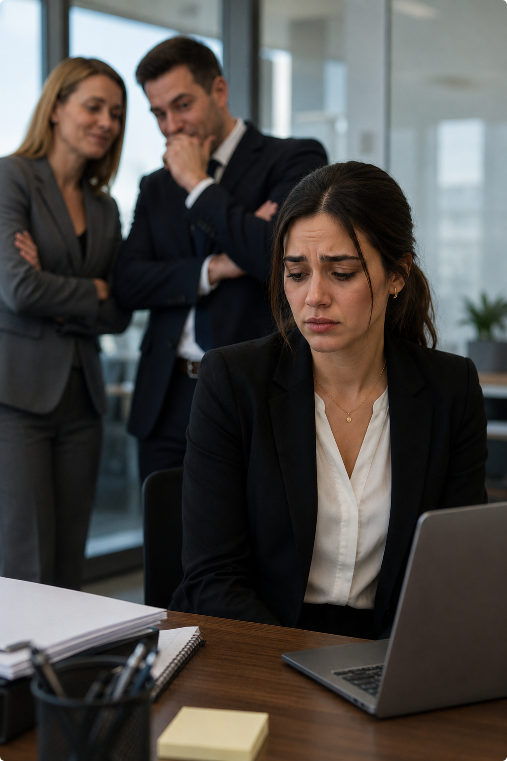 Employee sitting withdrawn at her desk while two colleagues talk quietly behind her, illustrating workplace bullying as a psychosocial hazard